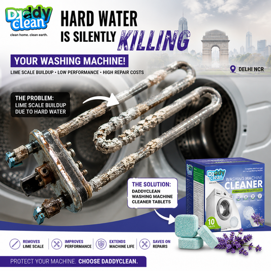 Hard water limescale buildup damaging washing machine heating rod with Daddyclean washing machine cleaner tablets shown as solution to remove scale, improve performance, and protect washing machines in Indian homes