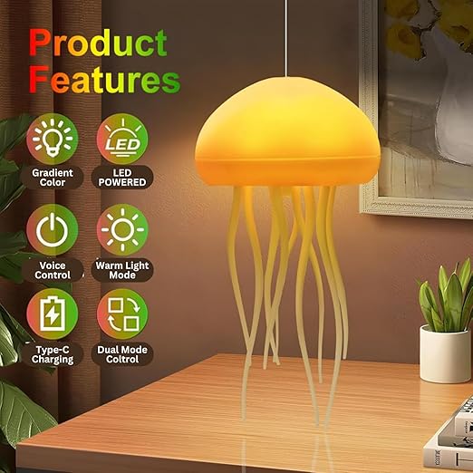 Yellow jellyfish-shaped lamp with product features on a wooden surface.