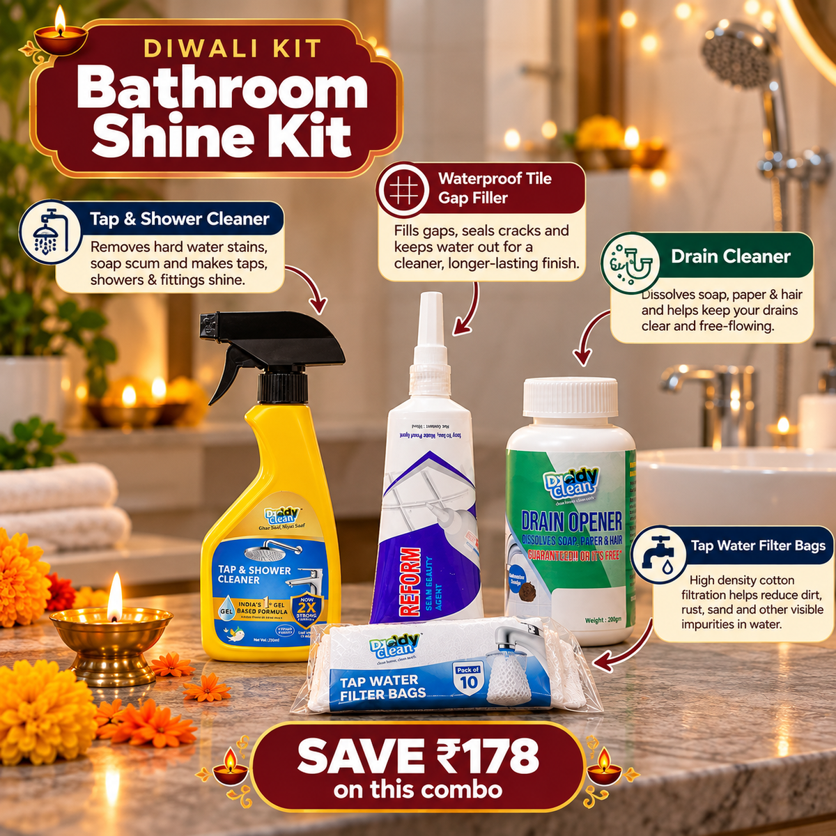 DaddyClean Bathroom Shine Kit – Tap & Shower Cleaner, Tile Gap Filler, Drain Cleaner & Tap Filter DaddyClean