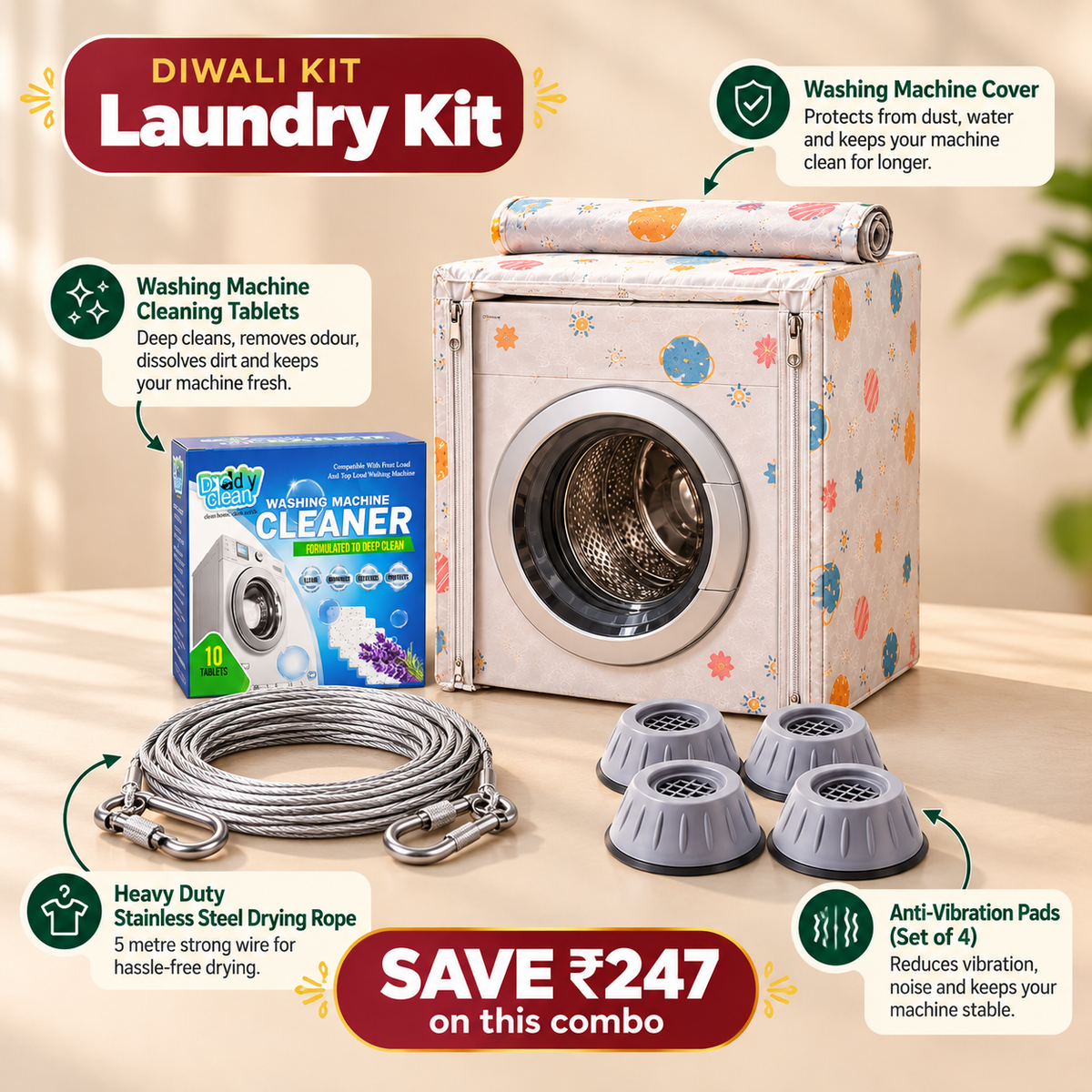 Daddyclean Diwali Laundry Kit (Cover, Descaler, Pads & Rope) DaddyClean