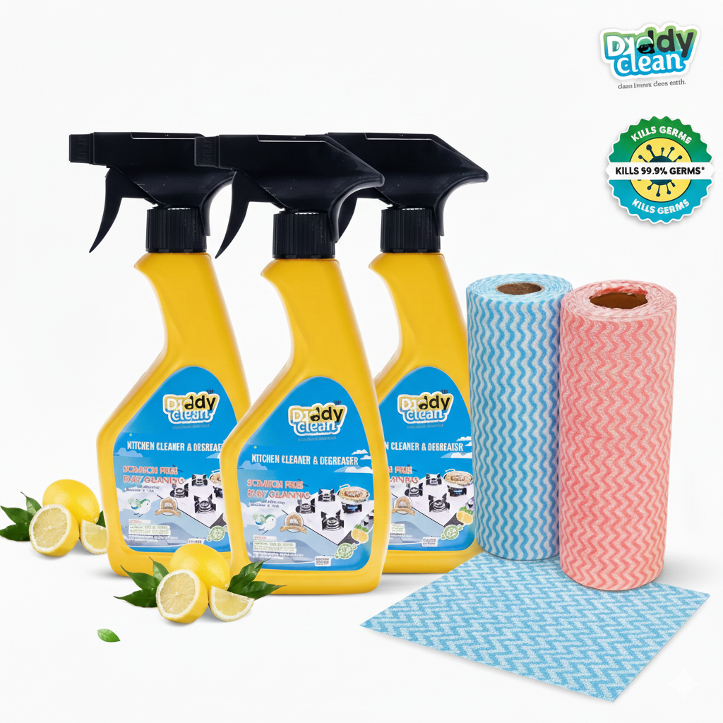 Kitchen Degreaser & Heavy-Duty Grease Remover(Pack of 3) with FREE Washable Cleaning Wipes DaddyClean