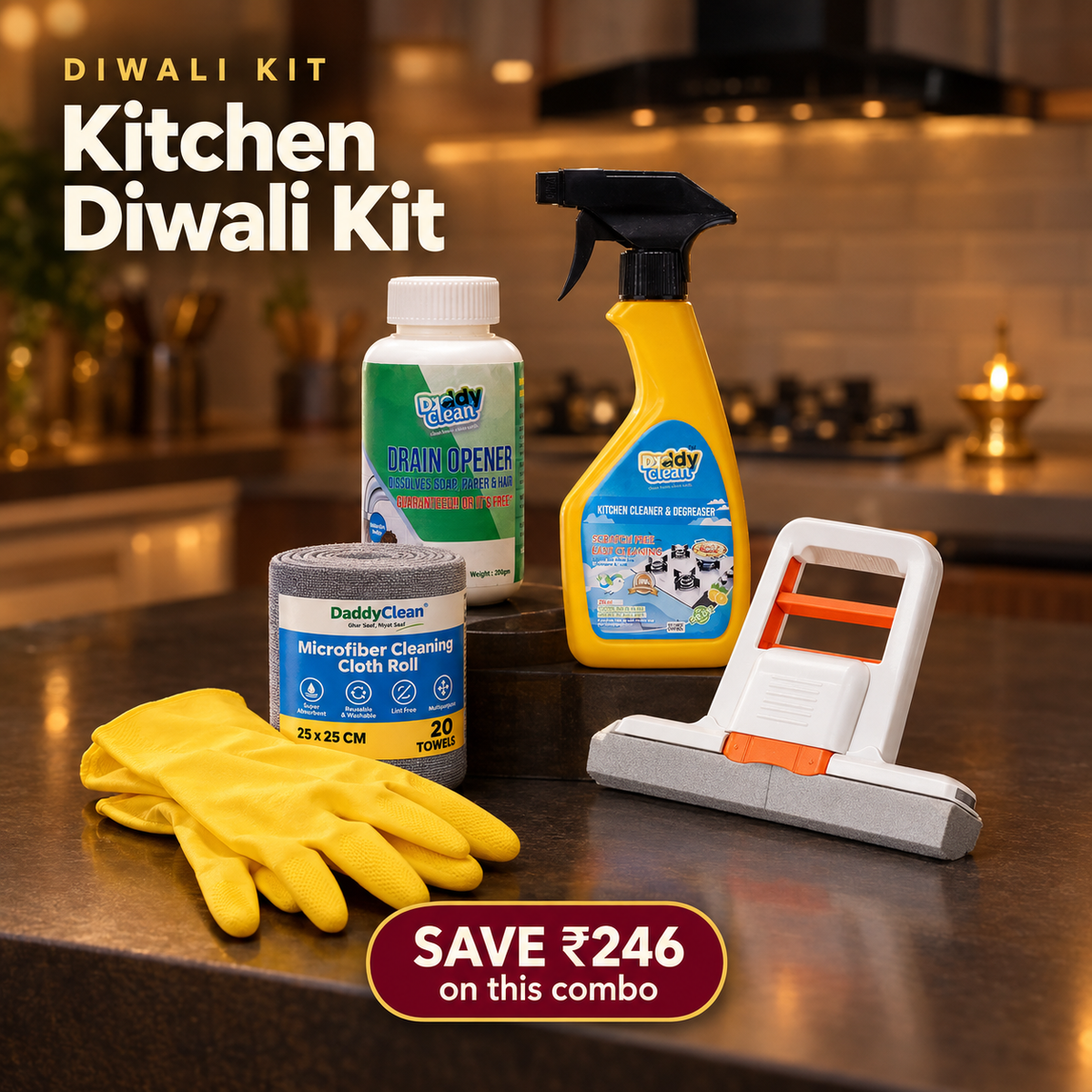DaddyClean Kitchen Diwali Kit – Degreaser, Drain Cleaner, Cloths & Gloves DaddyClean
