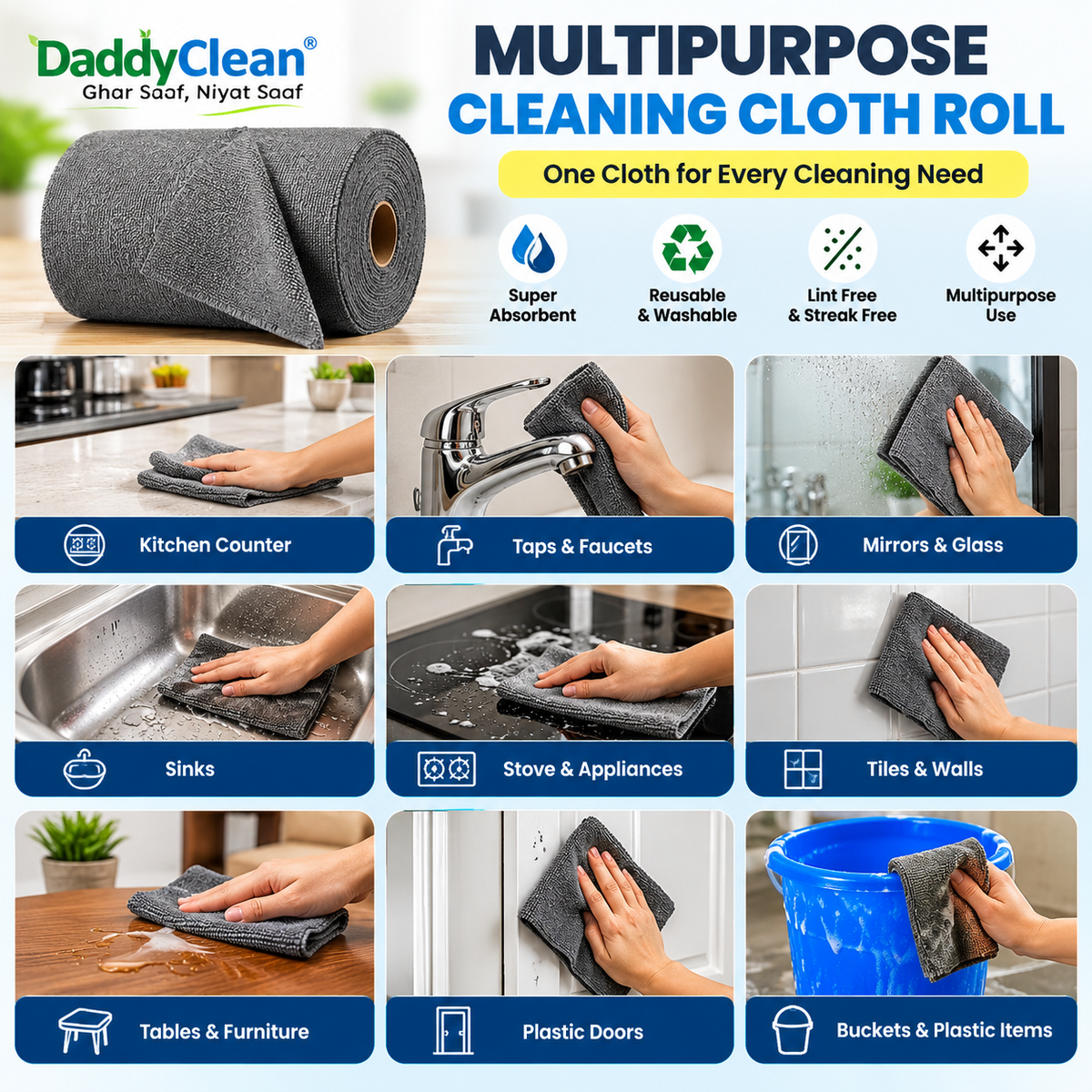 Daddyclean Premium 200 GSM Microfiber Cleaning Roll(pack of 20) DaddyClean