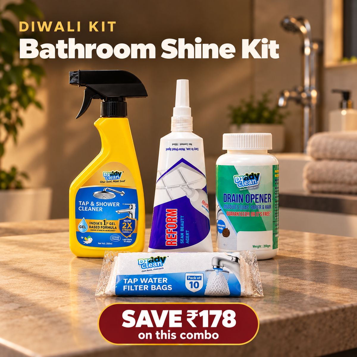 DaddyClean Bathroom Shine Kit – Tap & Shower Cleaner, Tile Gap Filler, Drain Cleaner & Tap Filter DaddyClean