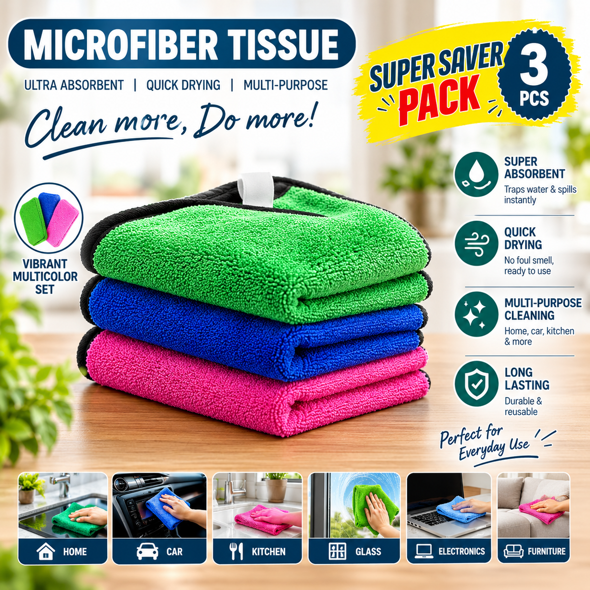 DaddyClean Kitchen Cleaning Napkins, Super Soft & Absorbent (Pack of 3) DaddyClean
